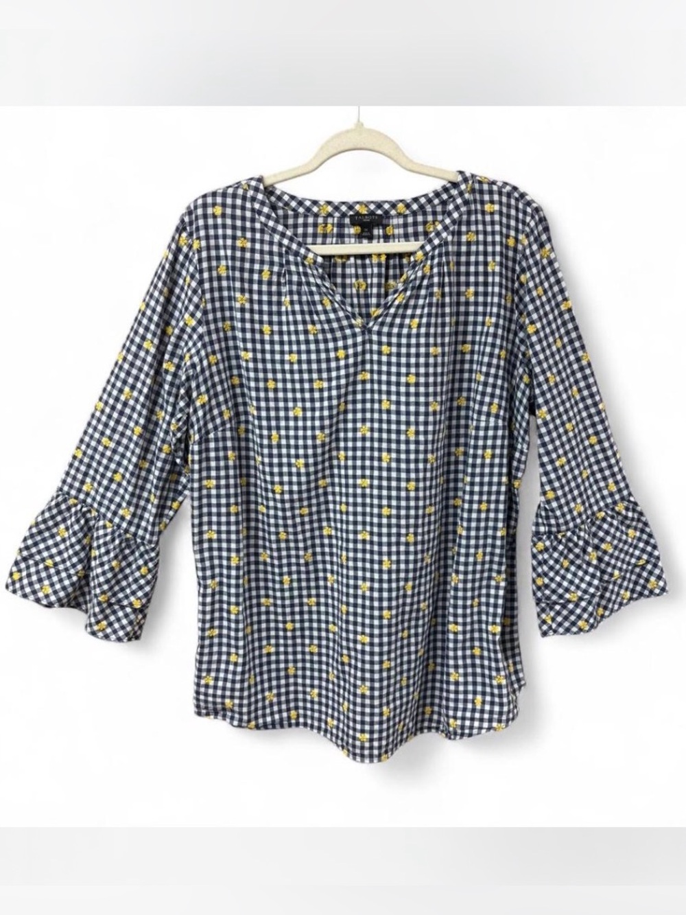 Talbots Women’s Gingham 1X Blouse Navy Yellow Floral 3/4 Bell Sleeve Boho Tunic